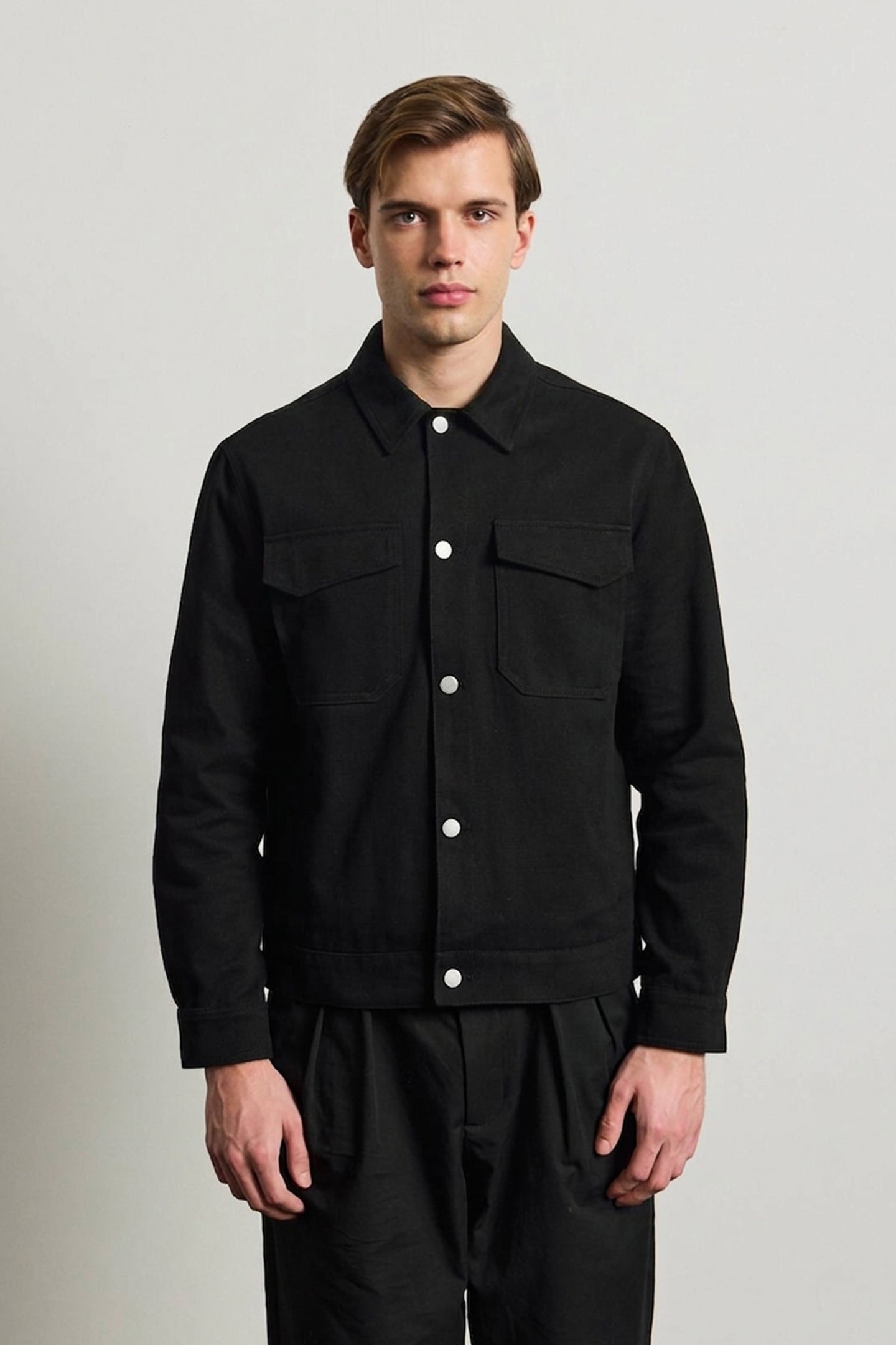 Ανδρικό μαύρο βαμβακερό μπουφάν Twill - Trucker Overshirt
