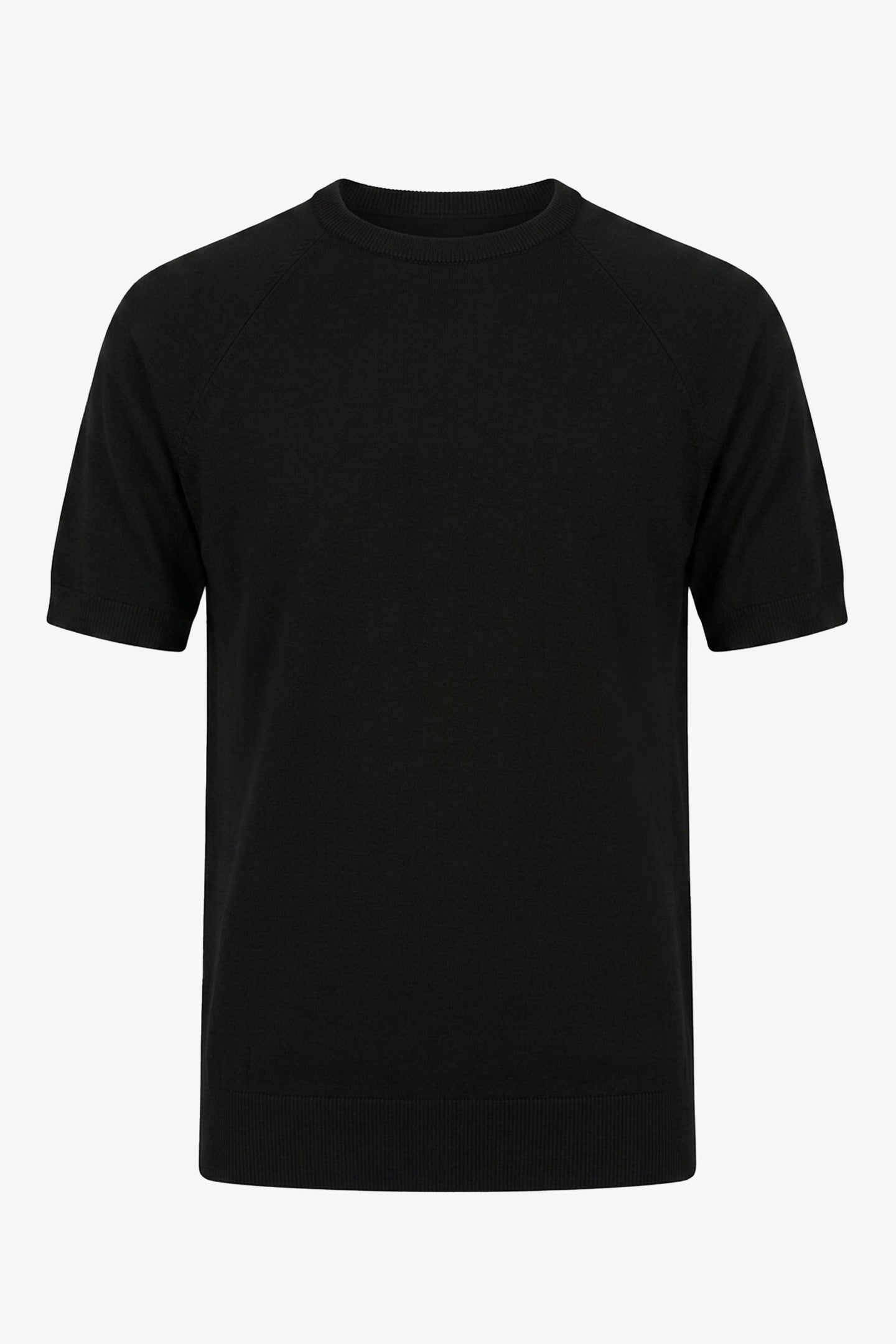Ανδρικό Μαύρο Πλεκτό T-shirt Κανονικής Γραμμής με Στρογγυλή Λαιμόκοψη και Κοντό Μανίκι