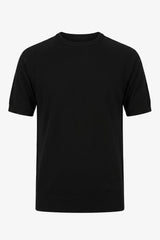 Ανδρικό Μαύρο Πλεκτό T-shirt Κανονικής Γραμμής με Στρογγυλή Λαιμόκοψη και Κοντό Μανίκι