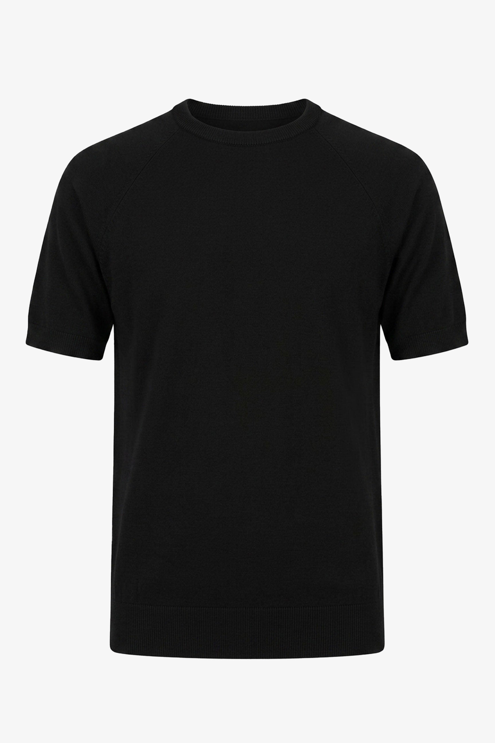 Ανδρικό Μαύρο Πλεκτό T-shirt Κανονικής Γραμμής με Στρογγυλή Λαιμόκοψη και Κοντό Μανίκι