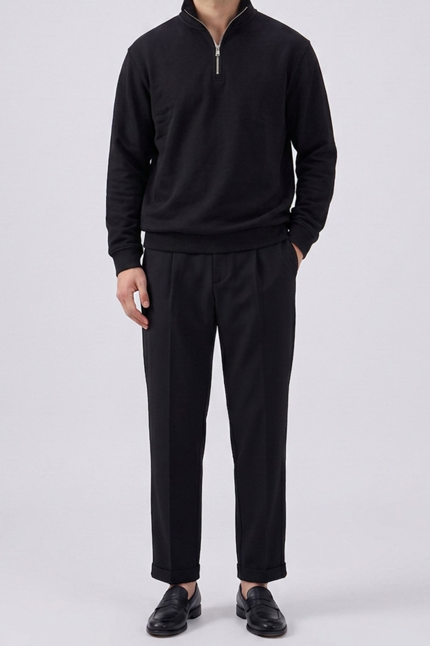 Ανδρικό μαύρο φούτερ με φερμουάρ Quarter Zip και φαρδιά λαιμόκοψη από μείγμα βαμβακιού
