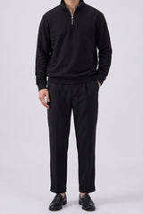 Ανδρικό μαύρο φούτερ με φερμουάρ Quarter Zip και φαρδιά λαιμόκοψη από μείγμα βαμβακιού