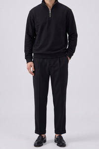 Ανδρικό μαύρο φούτερ με φερμουάρ Quarter Zip και φαρδιά λαιμόκοψη από μείγμα βαμβακιού