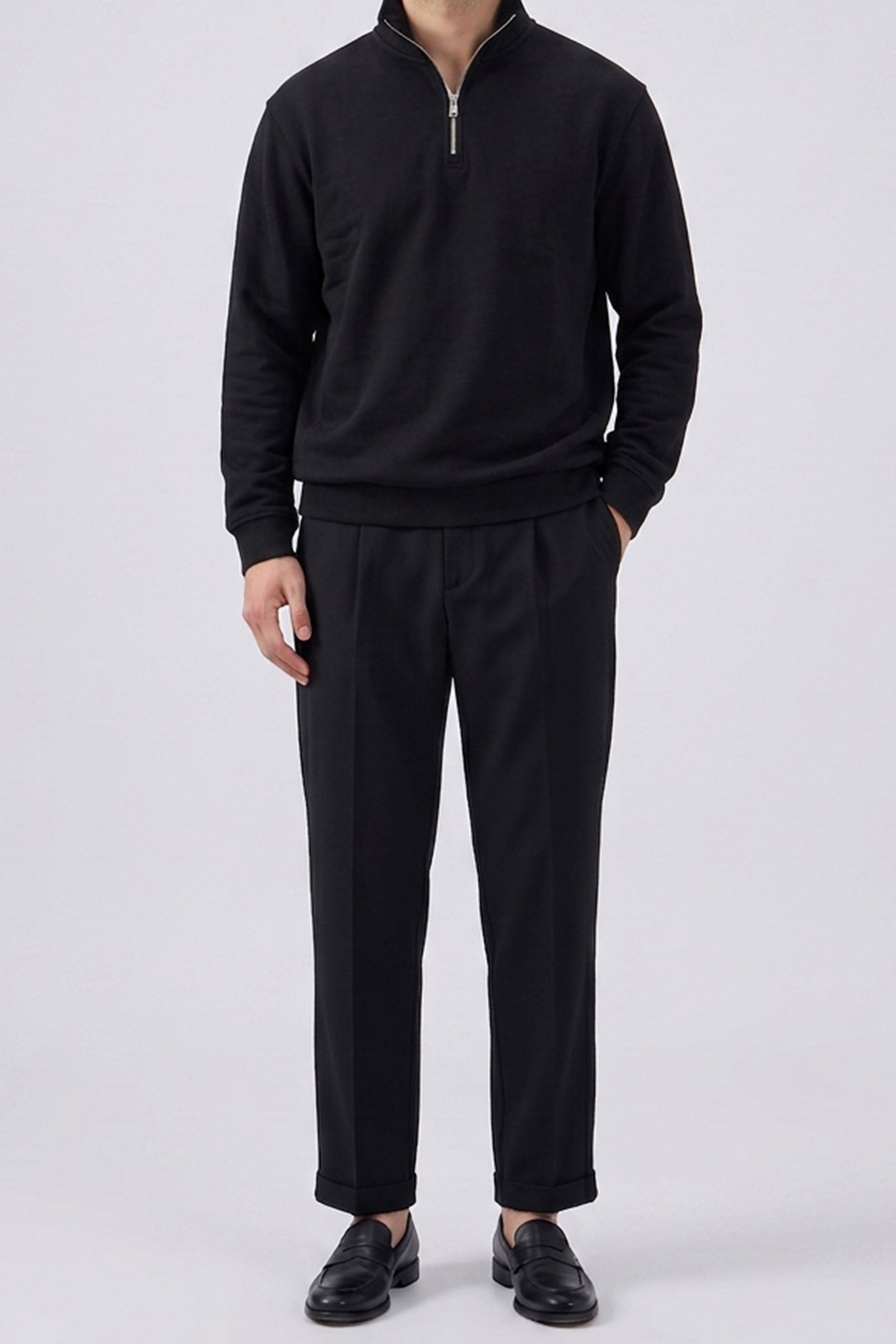 Ανδρικό μαύρο φούτερ με φερμουάρ Quarter Zip και φαρδιά λαιμόκοψη από μείγμα βαμβακιού