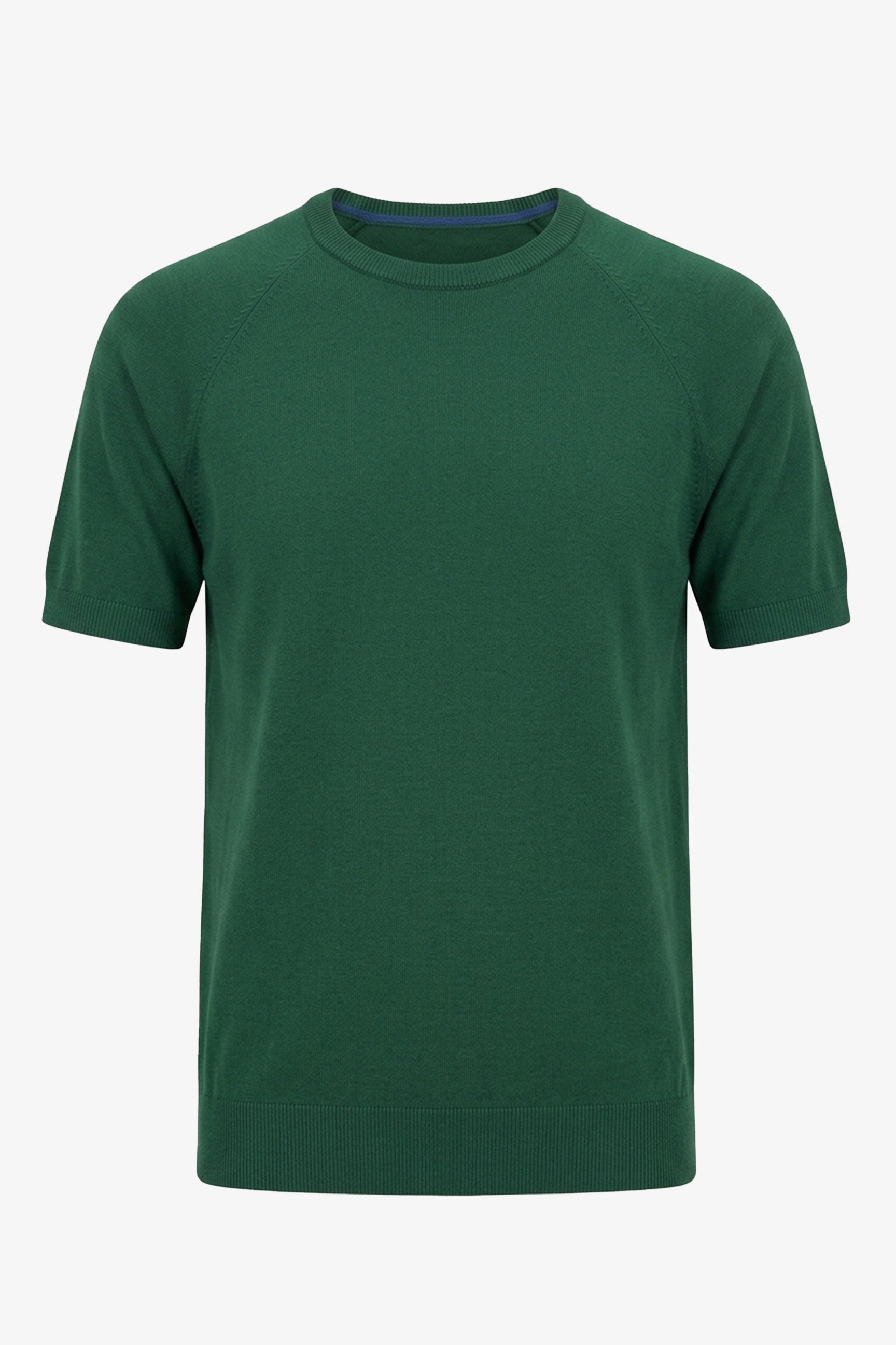 Ανδρικό Πράσινο Κλασικό Πλεκτό T-shirt με Κοντομάνικο και Στρογγυλή Λαιμόκοψη