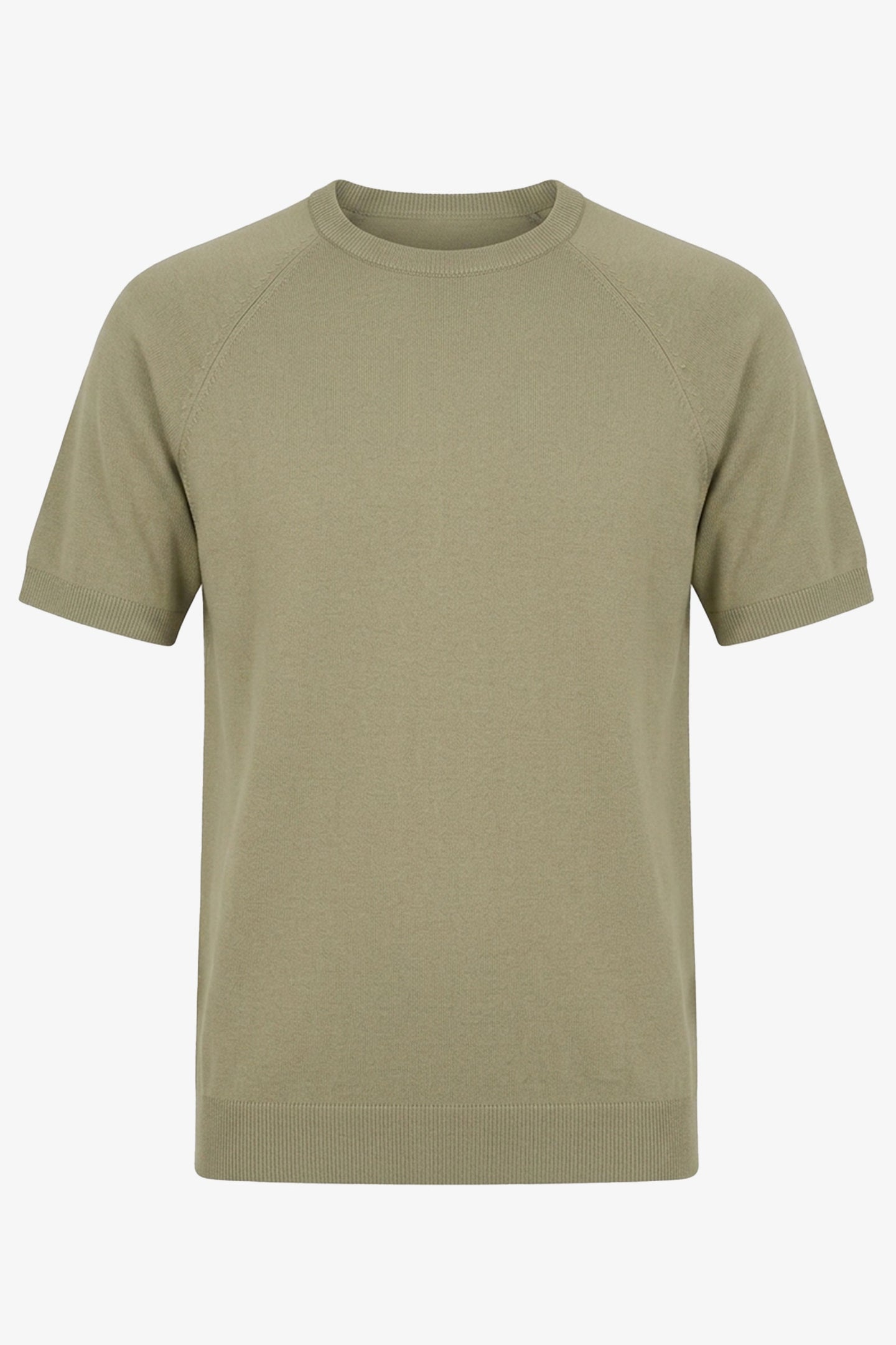 Ανδρικό Χακί Κλασικό Πλεκτό T-shirt με Κοντομάνικο και Στρογγυλή Λαιμόκοψη