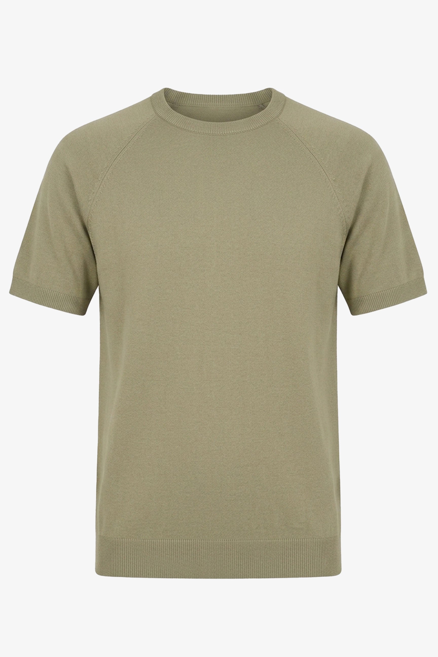 Ανδρικό Χακί Κλασικό Πλεκτό T-shirt με Κοντομάνικο και Στρογγυλή Λαιμόκοψη