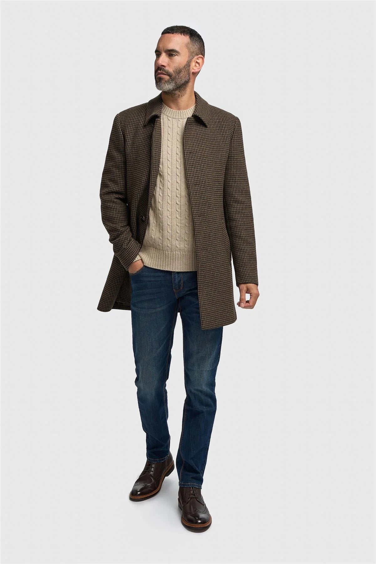 Ανδρικό καφέ παλτό από τουίντ Houndstooth με μείγμα μαλλιού