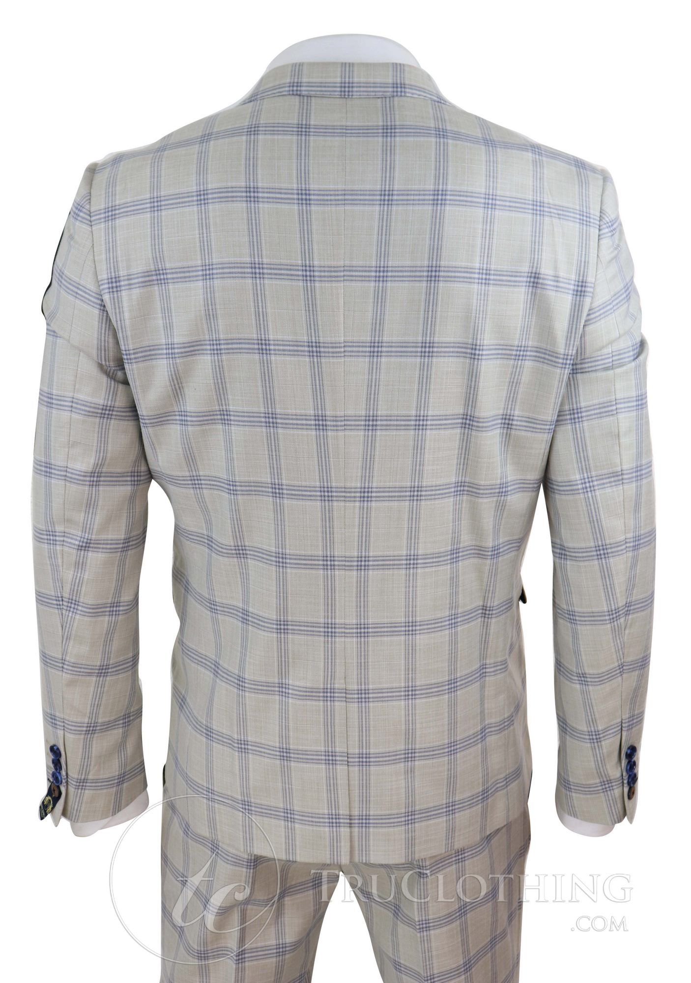 Ανδρικό Κρεμ Μπλε Καρό Νυφικό Κοστούμι