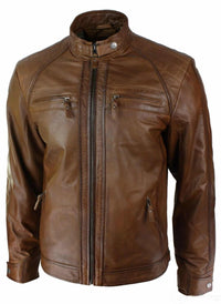 Ανδρικό μπουφάν μοτοσικλετιστή με φερμουάρ σε ρετρό στυλ, μαλακό, μαύρο, casual, σε καφέ χρώμα