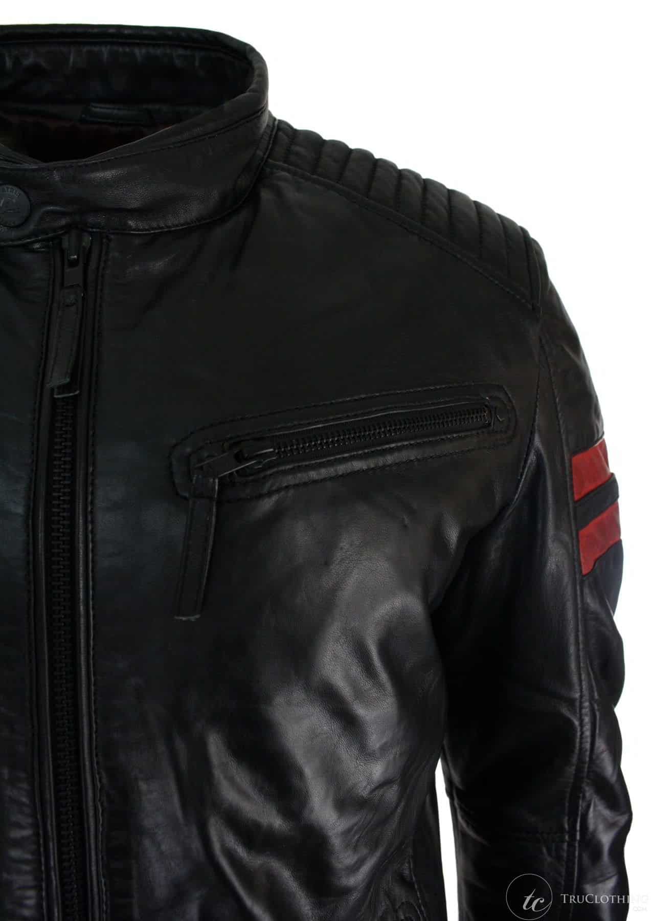 Μαύρο Δερμάτινο Ανδρικό Bomber Μπουφάν με Κόκκινες Ρίγες και Καπιτονέ Στενή Γραμμή, Casual - Μαύρο