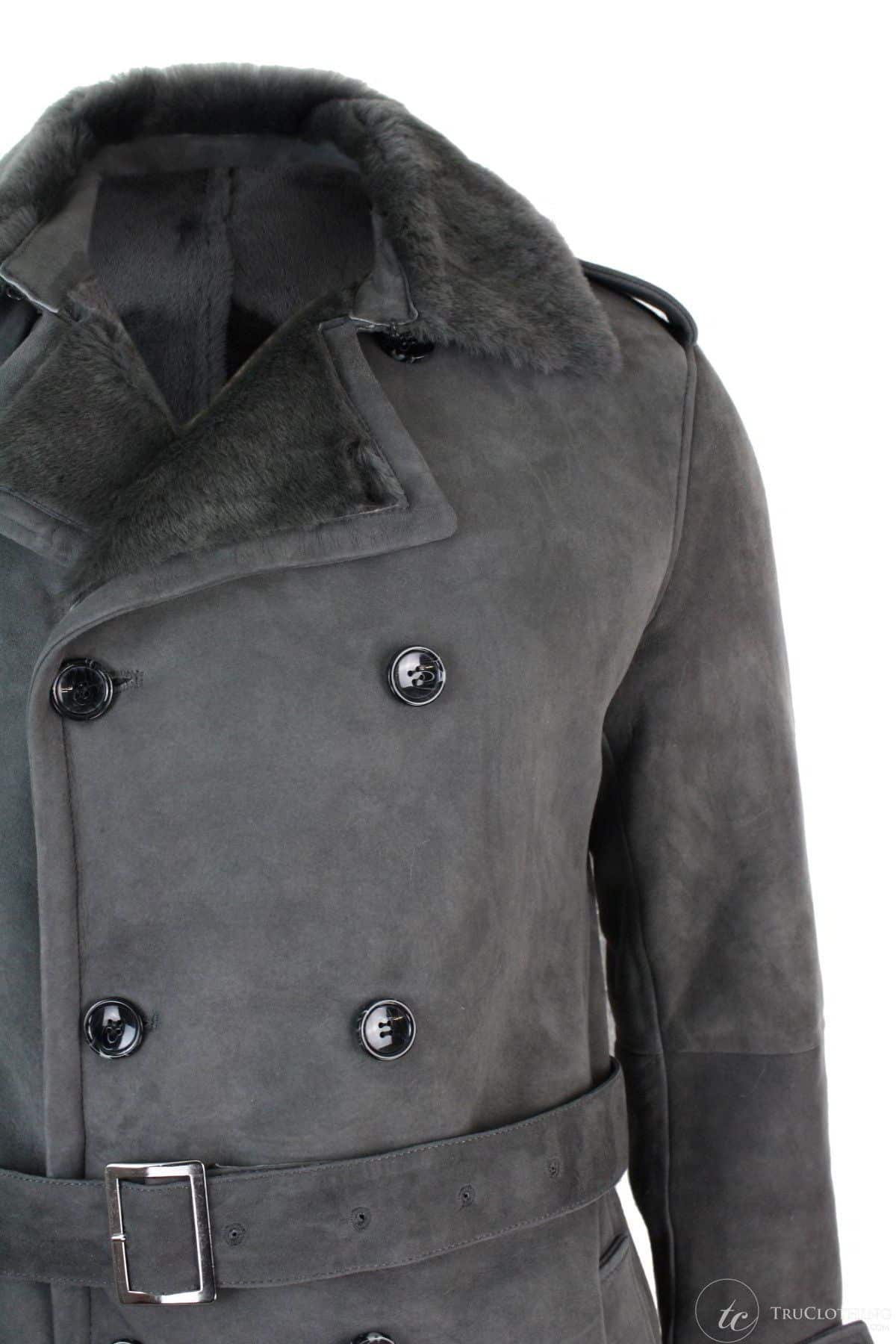 Ανδρικό παλτό Sherling Sheepskin Μαύρο Γκρι Σταυρωτό με Ζώνη 3/4