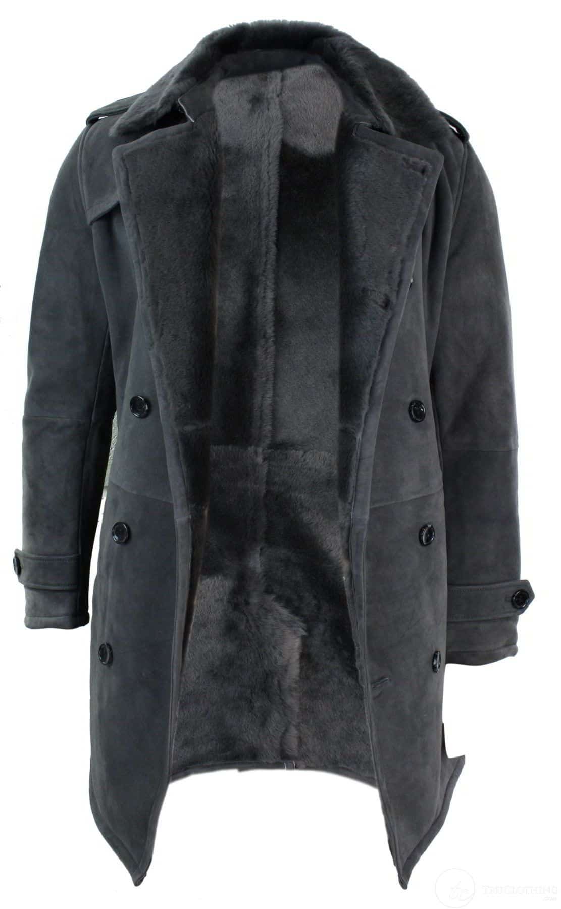 Ανδρικό παλτό Sherling Sheepskin Μαύρο Γκρι Σταυρωτό με Ζώνη 3/4