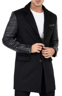 Ανδρικό παλτό από μαλλί κασμίρ με τουίντ και μανίκια από γνήσιο δέρμα, μαύρο - B213