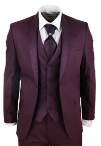 Ανδρικό κοστούμι με πέτο και σάλι σε 4 τεμάχια, σε απόχρωση κρασιού