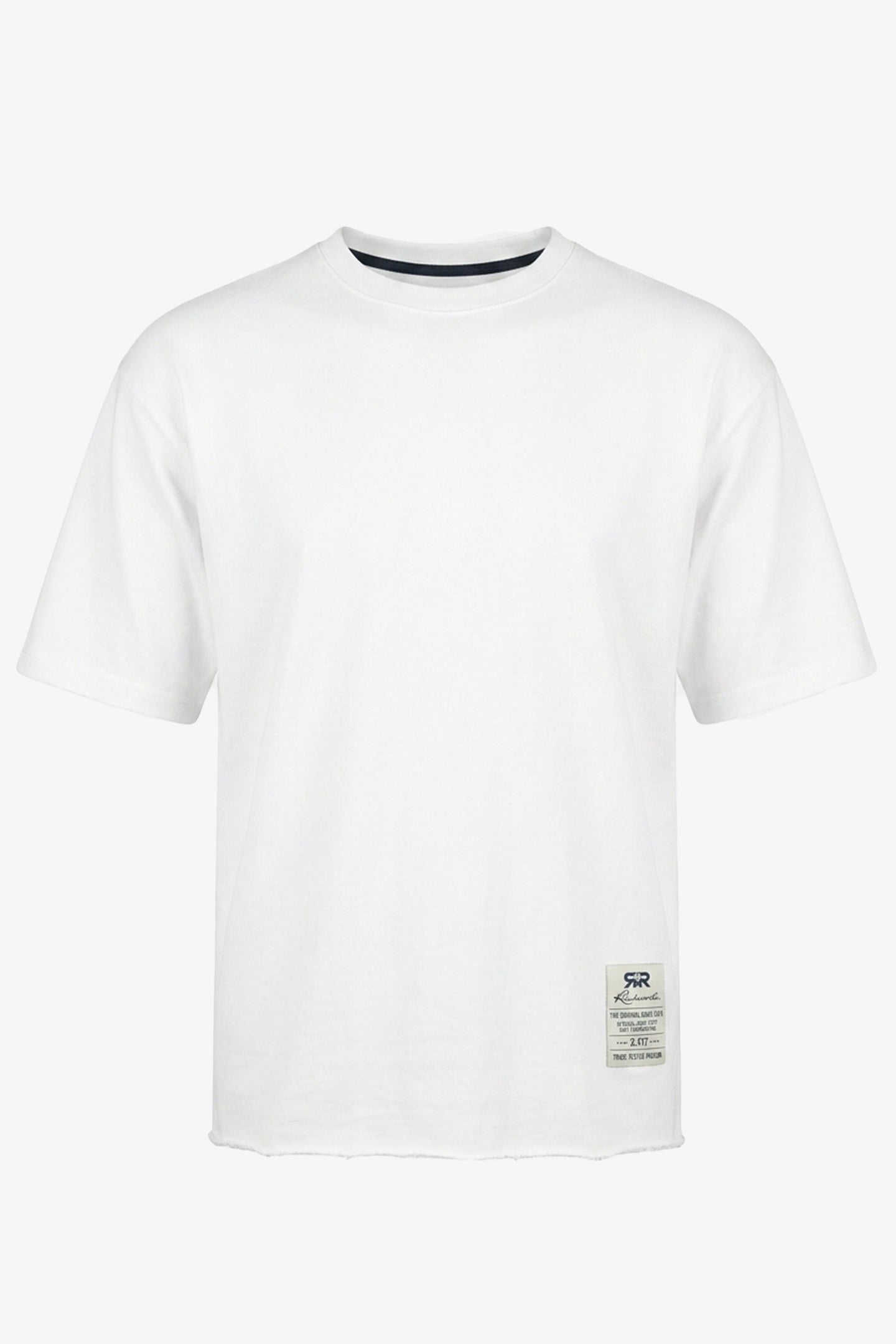 Ανδρικό λευκό T-shirt με λεπτή λαιμόκοψη και χαλαρή εφαρμογή, από μείγμα βαμβακιού και ακατέργαστη ακμή