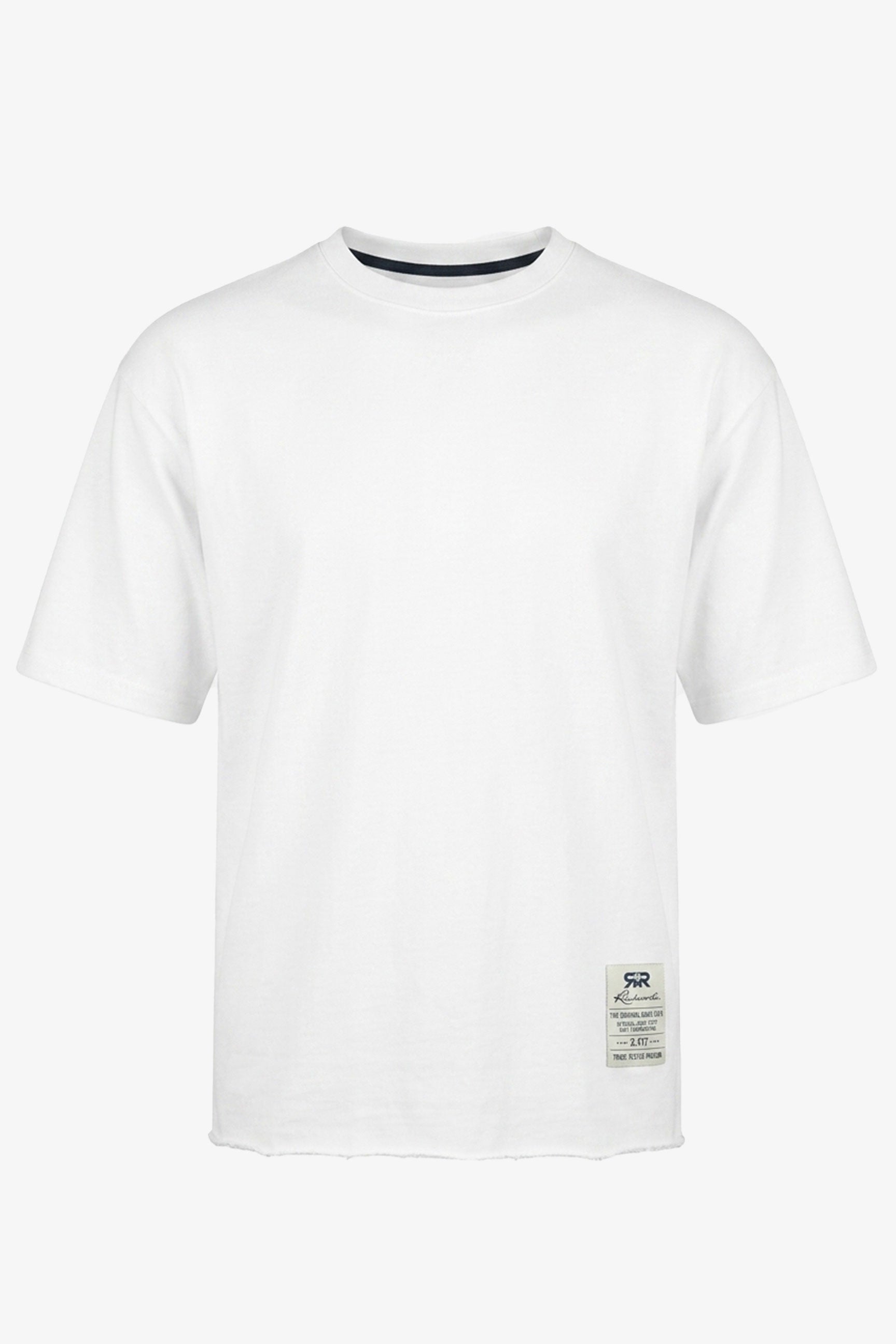Ανδρικό λευκό T-shirt με λεπτή λαιμόκοψη και χαλαρή εφαρμογή, από μείγμα βαμβακιού και ακατέργαστη ακμή