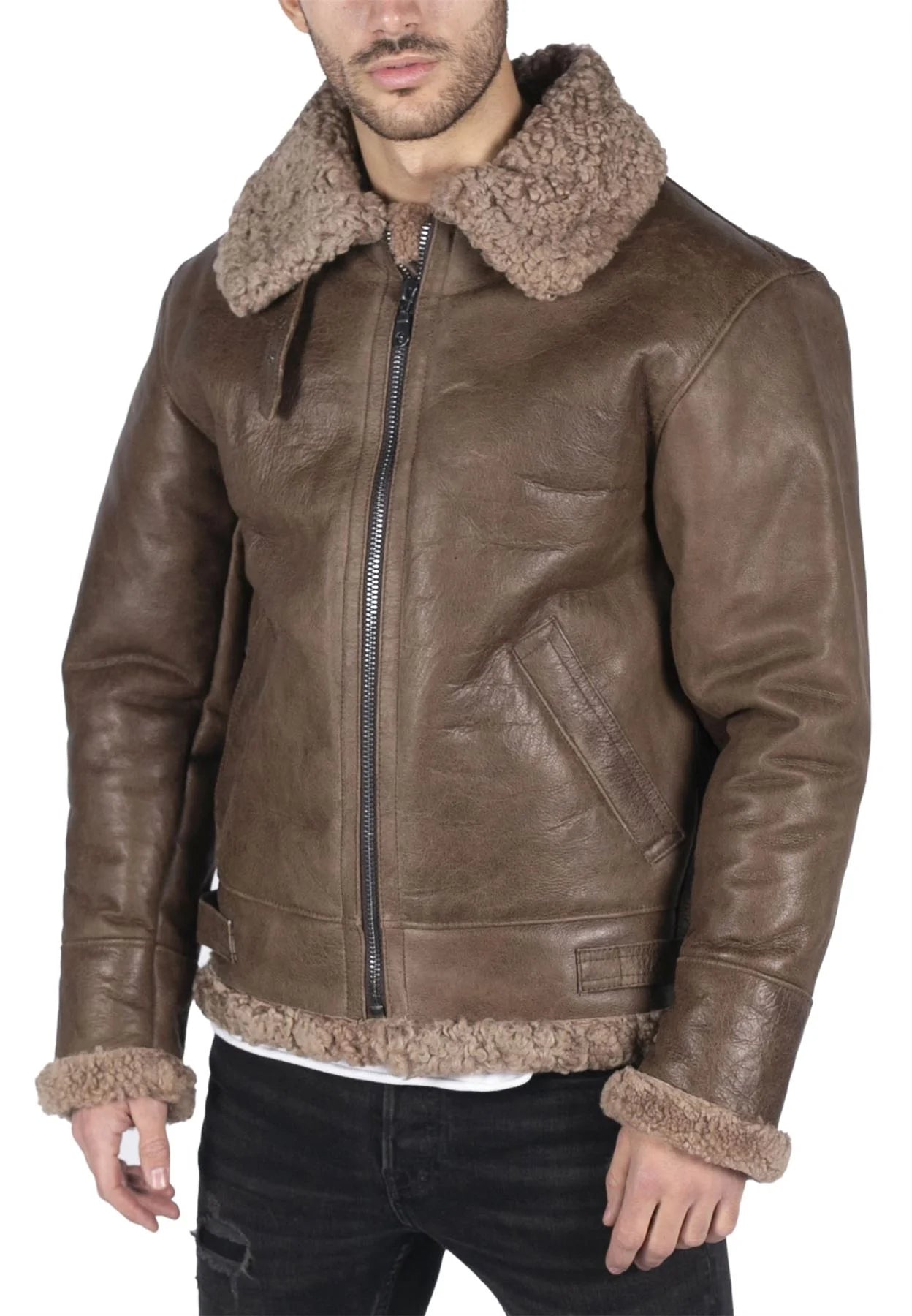Ανδρικό γνήσιο δέρμα προβάτου B3 Flying Aviator Vintage καφέ αρκουδάκι από γούνα προβάτου