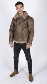 Ανδρικό γνήσιο δέρμα προβάτου B3 Flying Aviator Vintage καφέ αρκουδάκι από γούνα προβάτου
