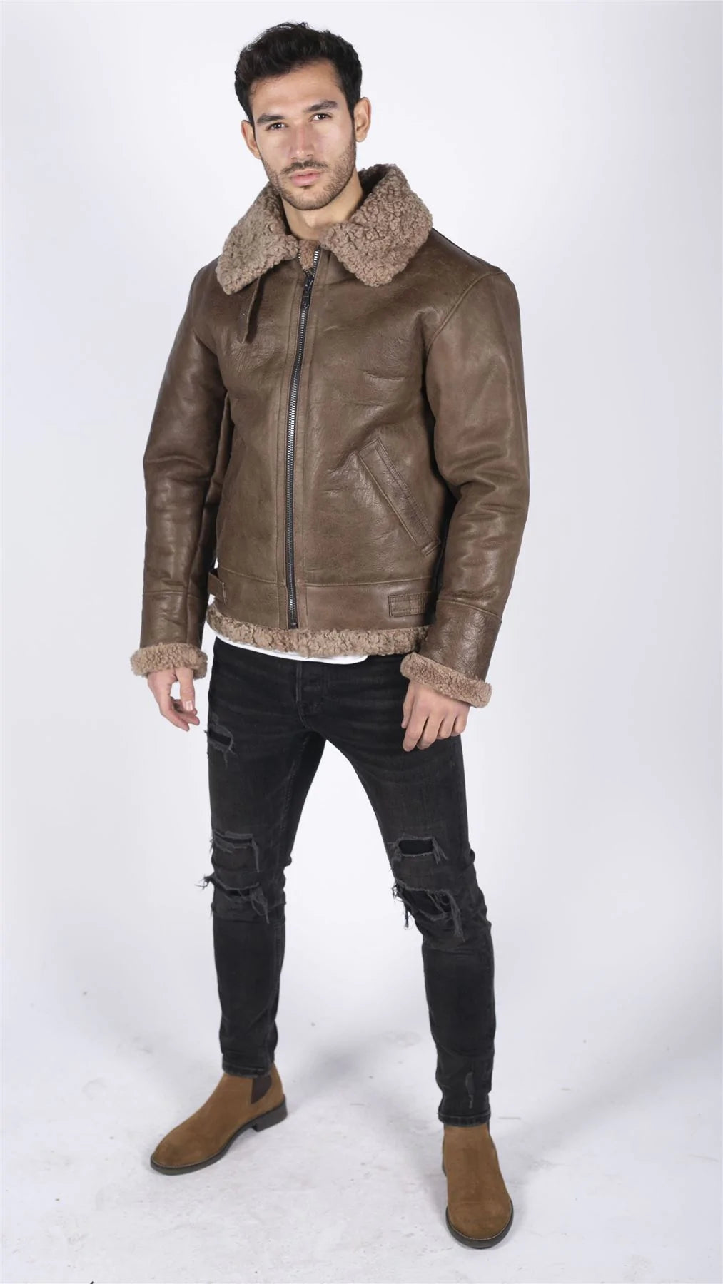 Ανδρικό γνήσιο δέρμα προβάτου B3 Flying Aviator Vintage καφέ αρκουδάκι από γούνα προβάτου