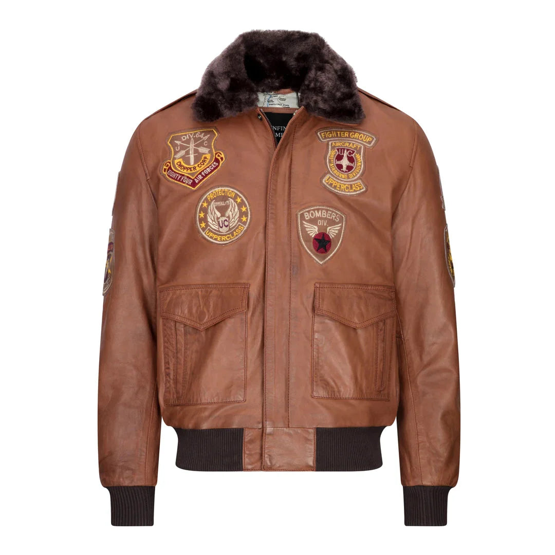 Ανδρικό μπουφάν Aviator Flying Pilot Bomber με αφαιρούμενο μαύρο γούνινο γιακά και ξύλινο τελείωμα