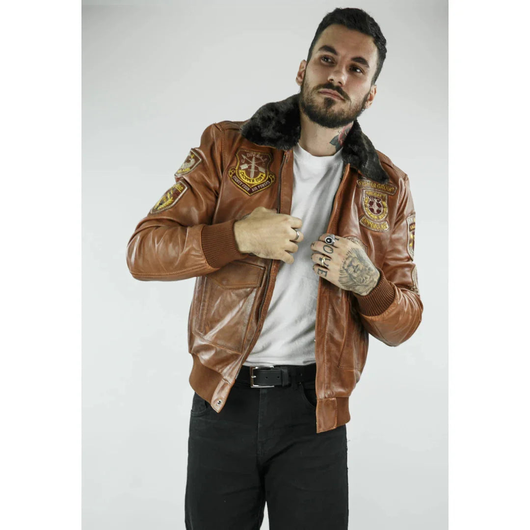 Ανδρικό μπουφάν Aviator Flying Pilot Bomber με αφαιρούμενο μαύρο γούνινο γιακά και ξύλινο τελείωμα