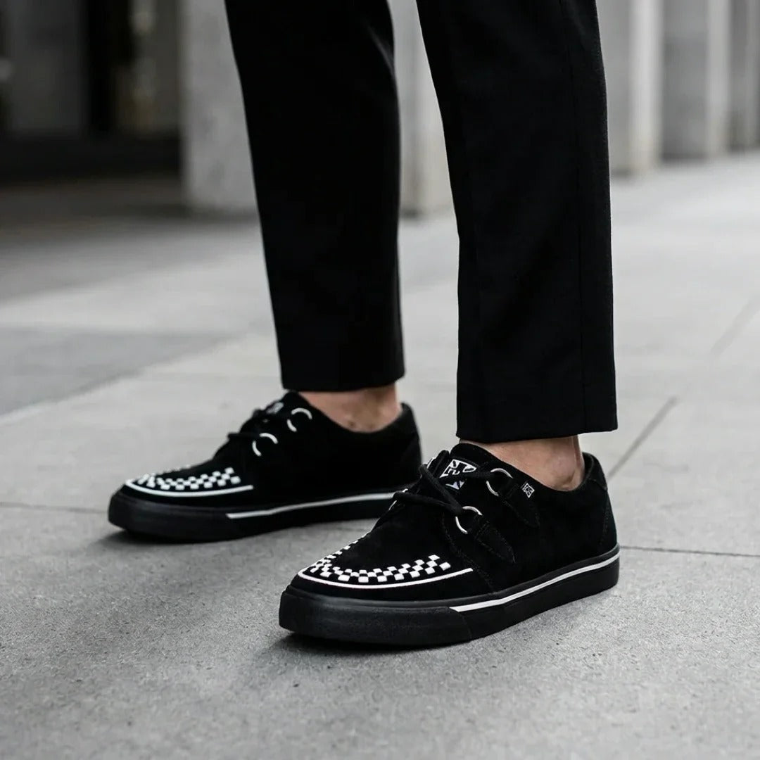 Μυτερό sneaker Creeper, μαύρο, λευκό, σουέτ, πλατφόρμα