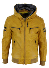 Ανδρικό Bomber Jacket από Γνήσιο Δέρμα με Κουκούλα - Κίτρινο