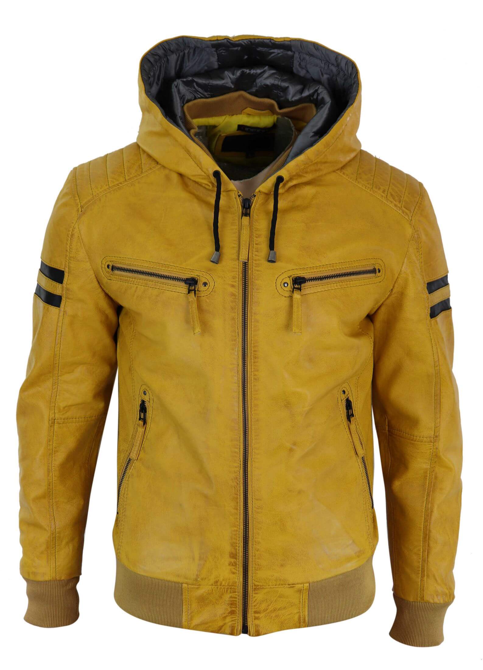 Ανδρικό Bomber Jacket από Γνήσιο Δέρμα με Κουκούλα - Κίτρινο