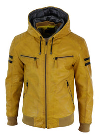 Ανδρικό Bomber Jacket από Γνήσιο Δέρμα με Κουκούλα - Κίτρινο