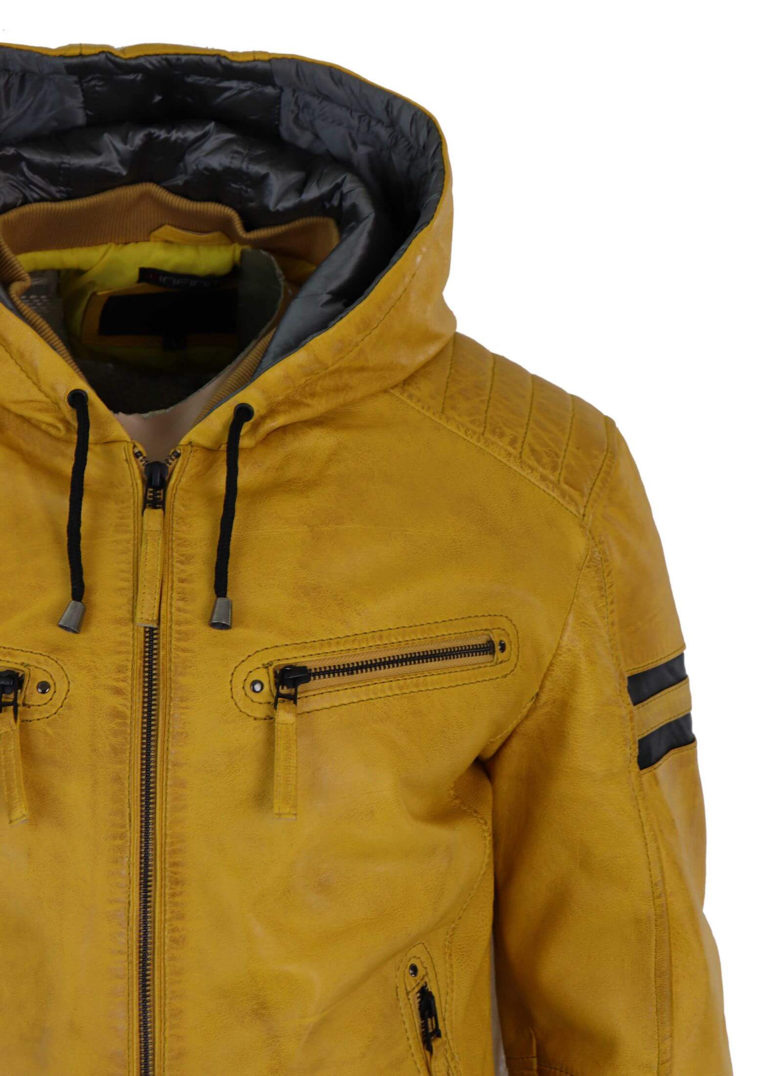 Ανδρικό Bomber Jacket από Γνήσιο Δέρμα με Κουκούλα - Κίτρινο