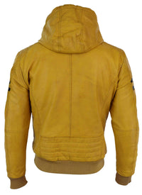 Ανδρικό Bomber Jacket από Γνήσιο Δέρμα με Κουκούλα - Κίτρινο