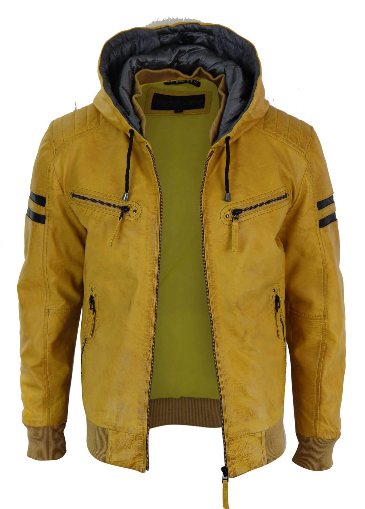 Ανδρικό Bomber Jacket από Γνήσιο Δέρμα με Κουκούλα - Κίτρινο