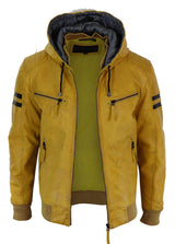 Ανδρικό Bomber Jacket από Γνήσιο Δέρμα με Κουκούλα - Κίτρινο