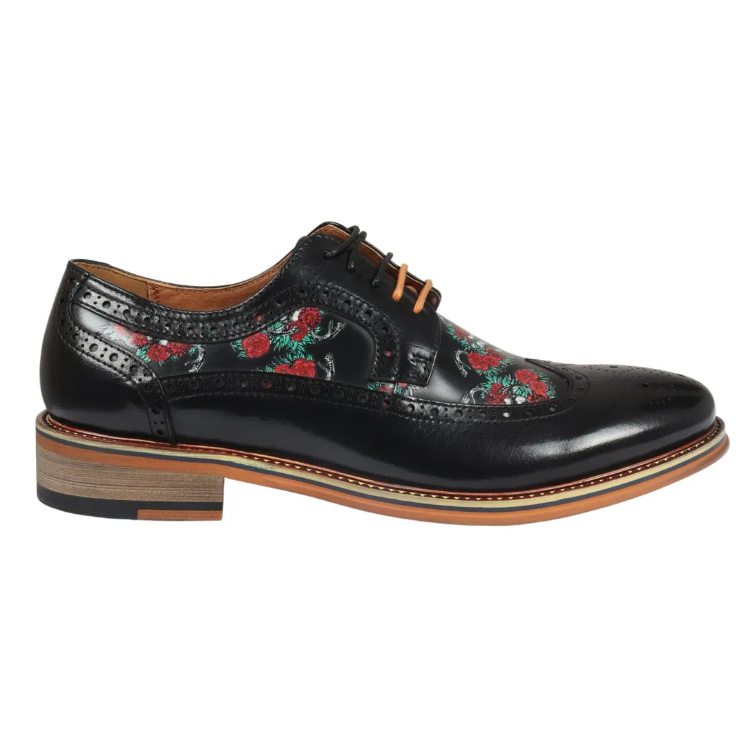 Ross - Ανδρικά Μαύρα Δερμάτινα Παπούτσια Brogue με Φλοράλ Στάμπα και Νεκροκεφαλές