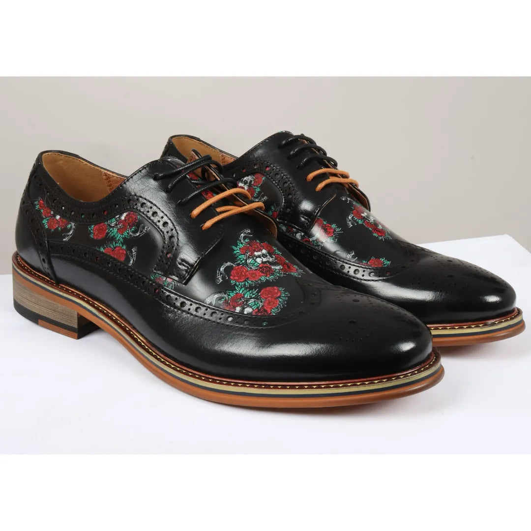 Ross - Ανδρικά Μαύρα Δερμάτινα Παπούτσια Brogue με Φλοράλ Στάμπα και Νεκροκεφαλές