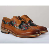 Ross - Ανδρικά Καφέ Δερμάτινα Παπούτσια Brogue με Στάμπα Λουλουδιών και Νεκροκεφαλές
