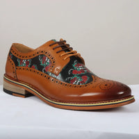 Ross - Ανδρικά Καφέ Δερμάτινα Παπούτσια Brogue με Στάμπα Λουλουδιών και Νεκροκεφαλές