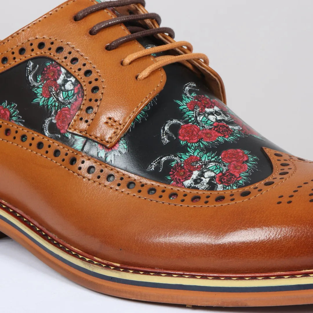 Ross - Ανδρικά Καφέ Δερμάτινα Παπούτσια Brogue με Στάμπα Λουλουδιών και Νεκροκεφαλές