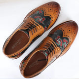 Ross - Ανδρικά Καφέ Δερμάτινα Παπούτσια Brogue με Στάμπα Λουλουδιών και Νεκροκεφαλές