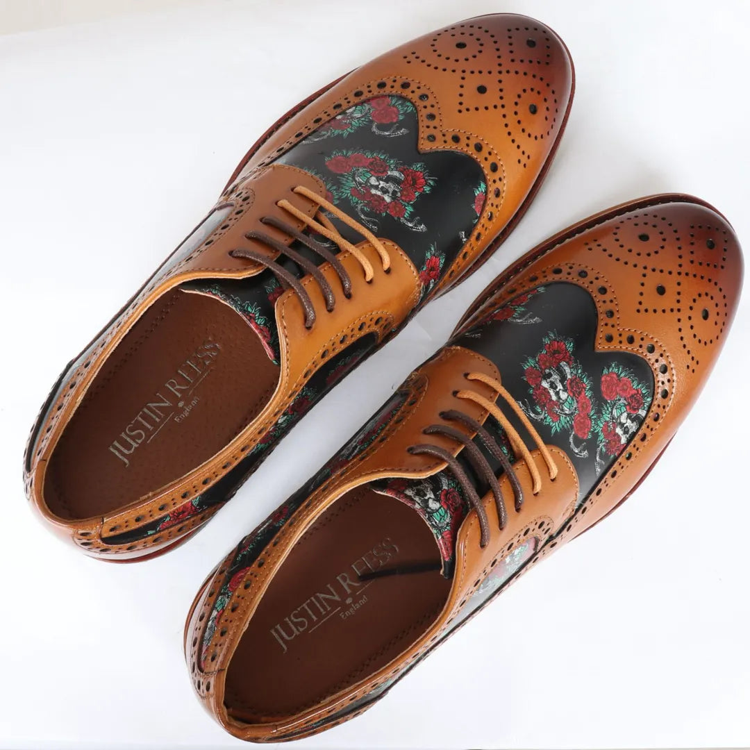 Ross - Ανδρικά Καφέ Δερμάτινα Παπούτσια Brogue με Στάμπα Λουλουδιών και Νεκροκεφαλές