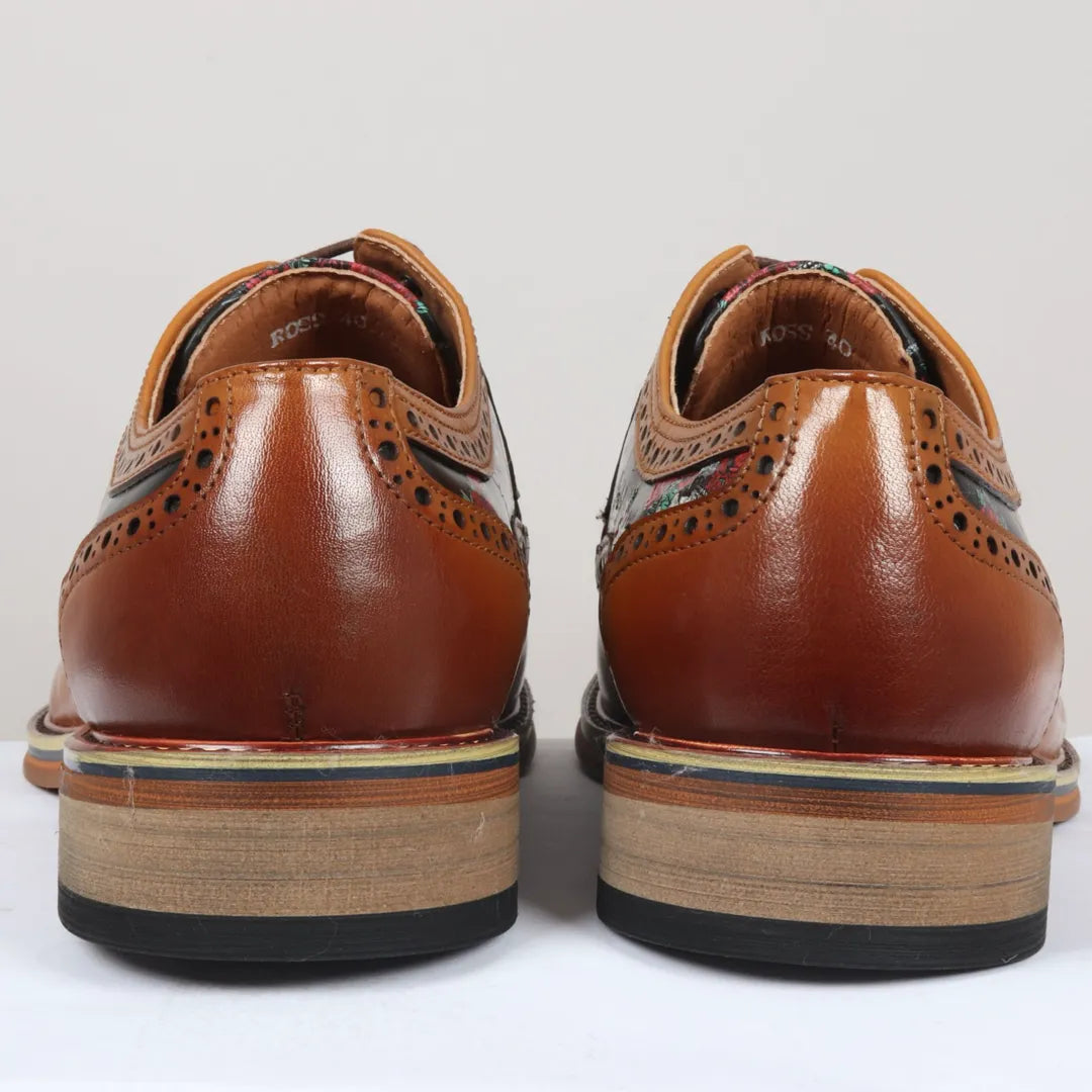 Ross - Ανδρικά Καφέ Δερμάτινα Παπούτσια Brogue με Στάμπα Λουλουδιών και Νεκροκεφαλές