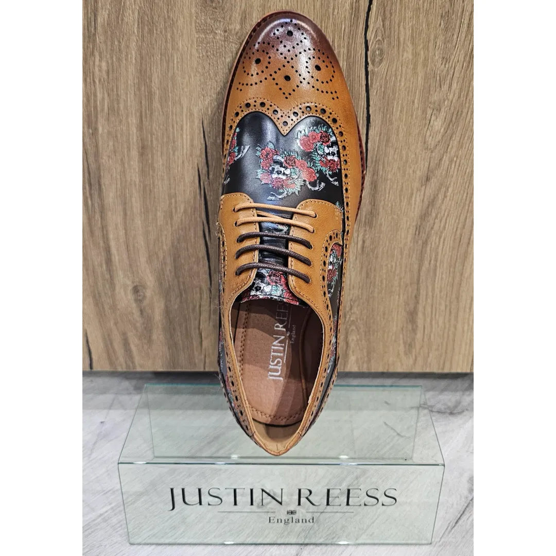 Ross - Ανδρικά Καφέ Δερμάτινα Παπούτσια Brogue με Στάμπα Λουλουδιών και Νεκροκεφαλές