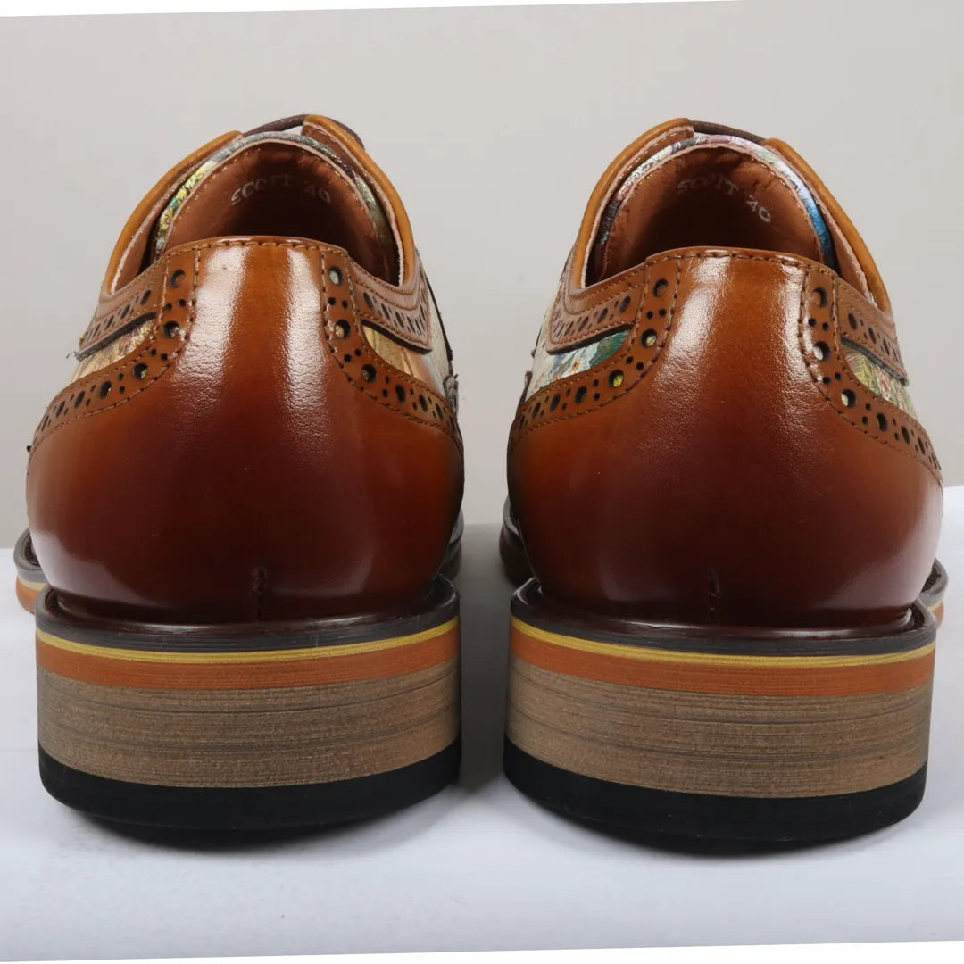 Scott - Ανδρικά Καφέ Δερμάτινα Παπούτσια Brogue με Εμβληματικό Στάμπα