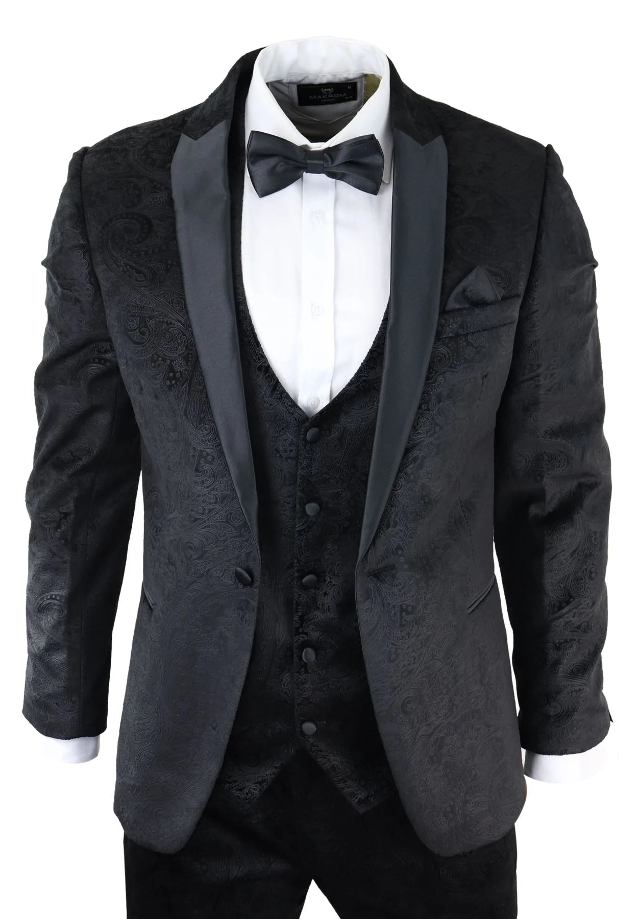 Ανδρικό κοστούμι Marc Darcy Velvet Paisley σε μαύρο χρώμα με 3 κομμάτια και σμόκιν, νυφικό μπουφάν