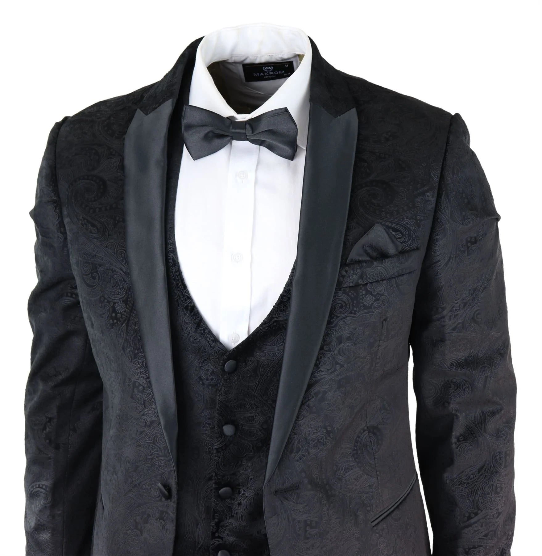 Ανδρικό κοστούμι Marc Darcy Velvet Paisley σε μαύρο χρώμα με 3 κομμάτια και σμόκιν, νυφικό μπουφάν