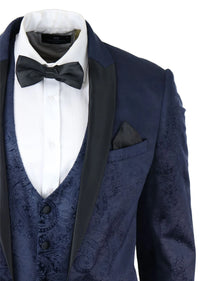 Ανδρικό κοστούμι Marc Darcy Velvet Paisley Blue Fit 3 τεμαχίων με σμόκιν και μπουφάν γάμου
