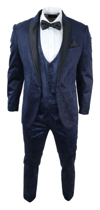 Ανδρικό κοστούμι Marc Darcy Velvet Paisley Blue Fit 3 τεμαχίων με σμόκιν και μπουφάν γάμου