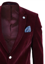 Ανδρικό βελούδινο σακάκι κοστουμιού με 2 κουμπιά και slim fit - Κρασί