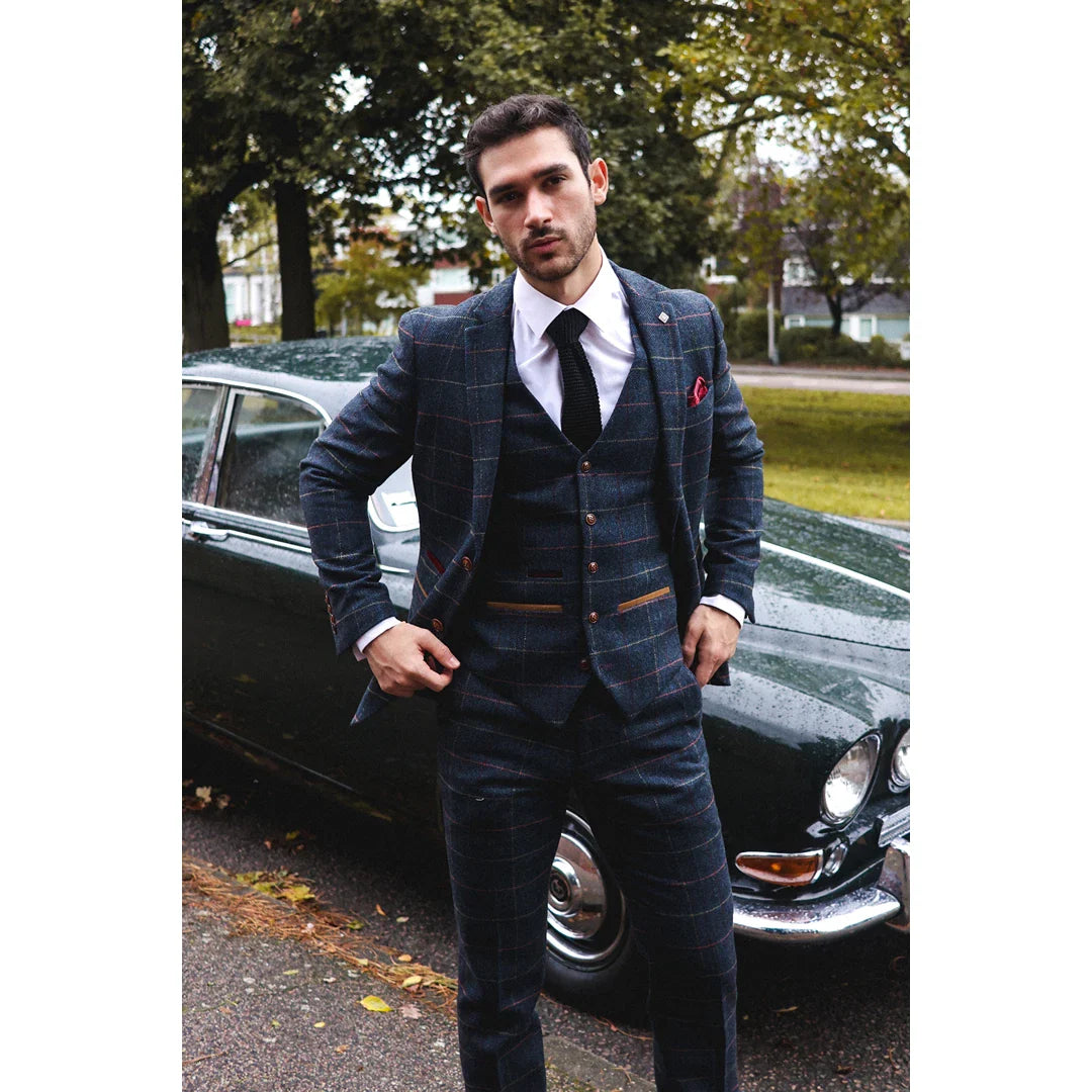 Ανδρικό καρό κοστούμι Thomas σε μπλε χρώμα, 3 τεμαχίων, από τουίντ